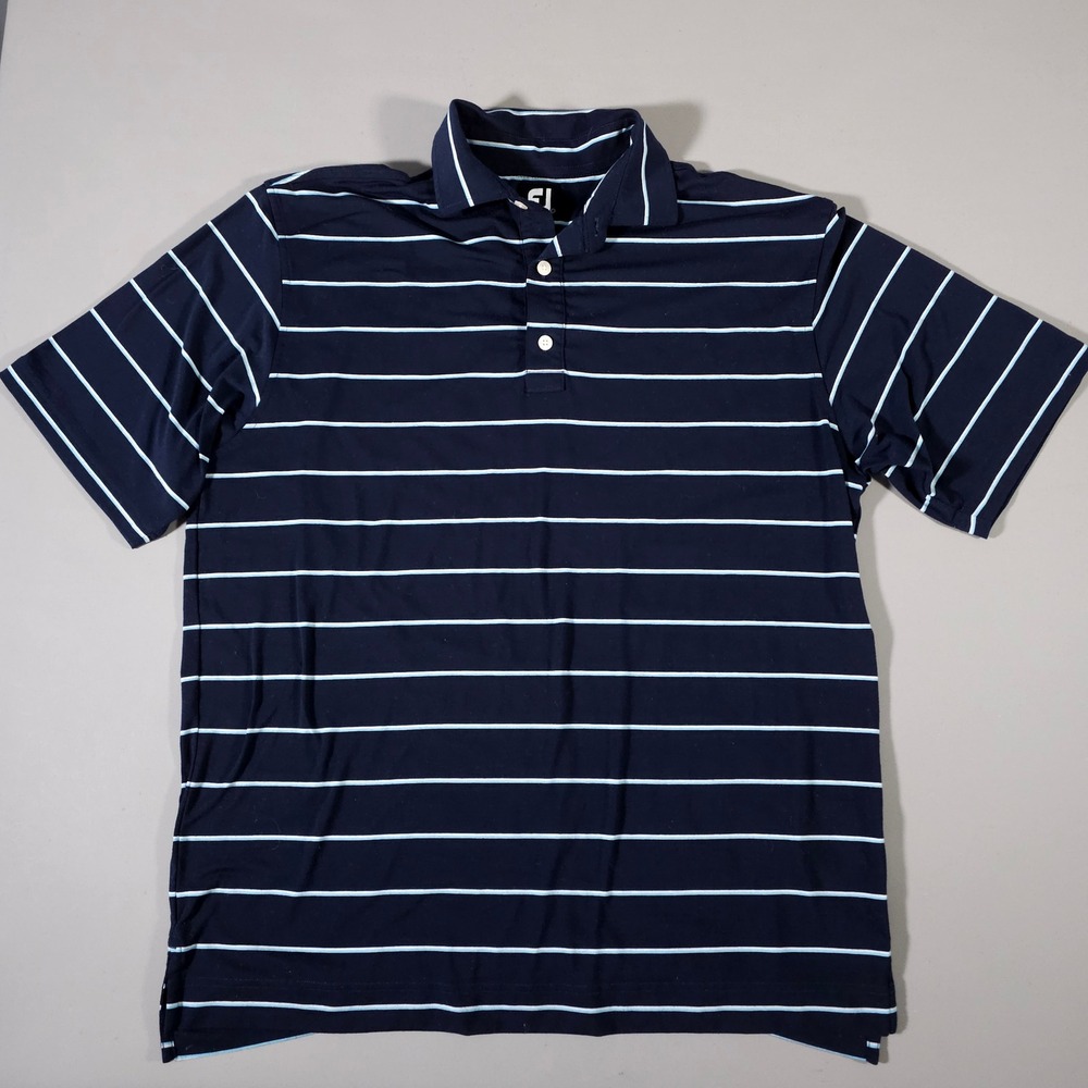 FootJoy‎ Polo Shirt Mens Large Navy Blue Striped Short Sleeve Golf Stretch